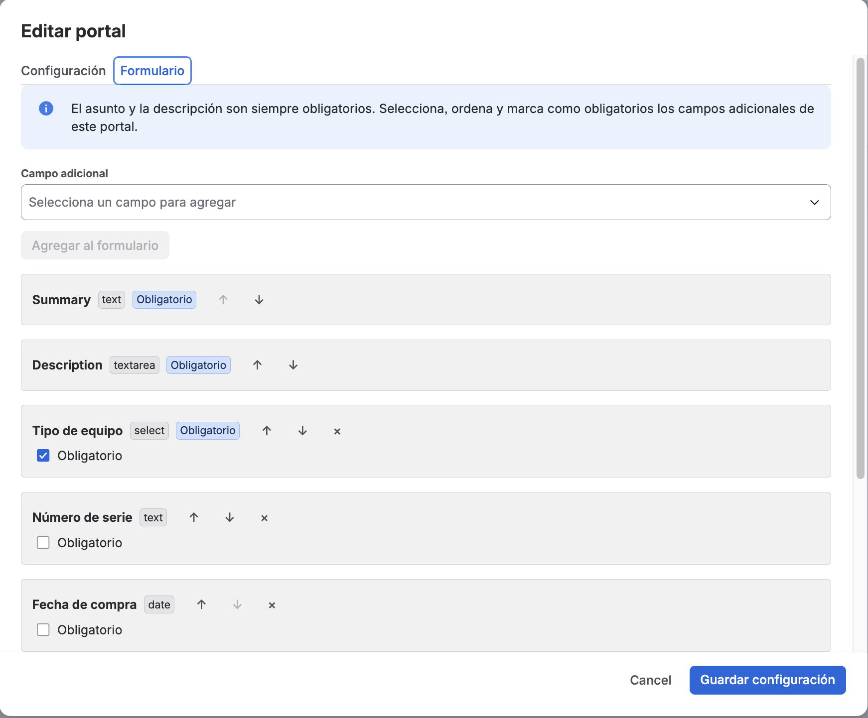 Configuración de los campos del formulario previo