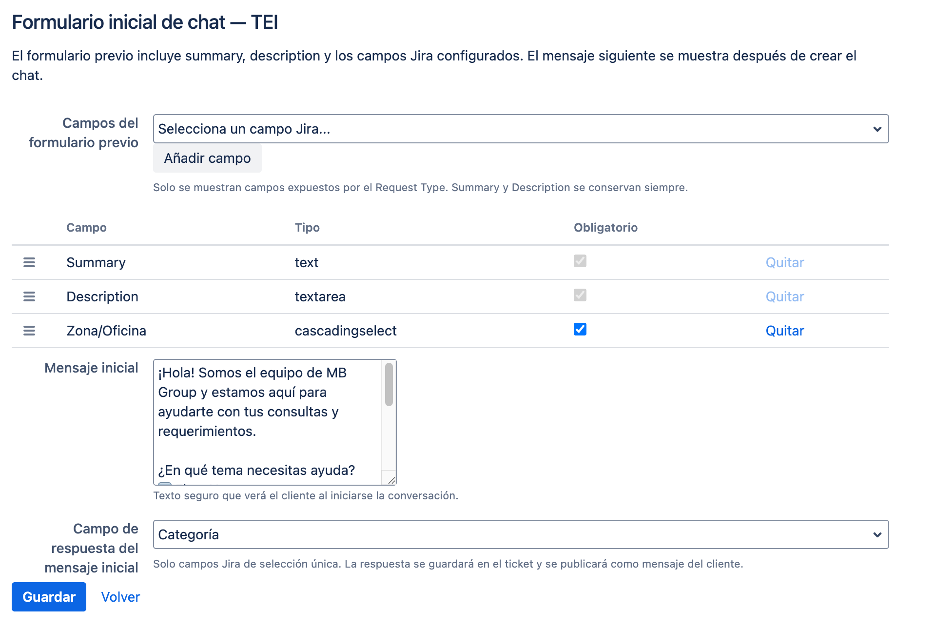 Configuración del formulario inicial de chat