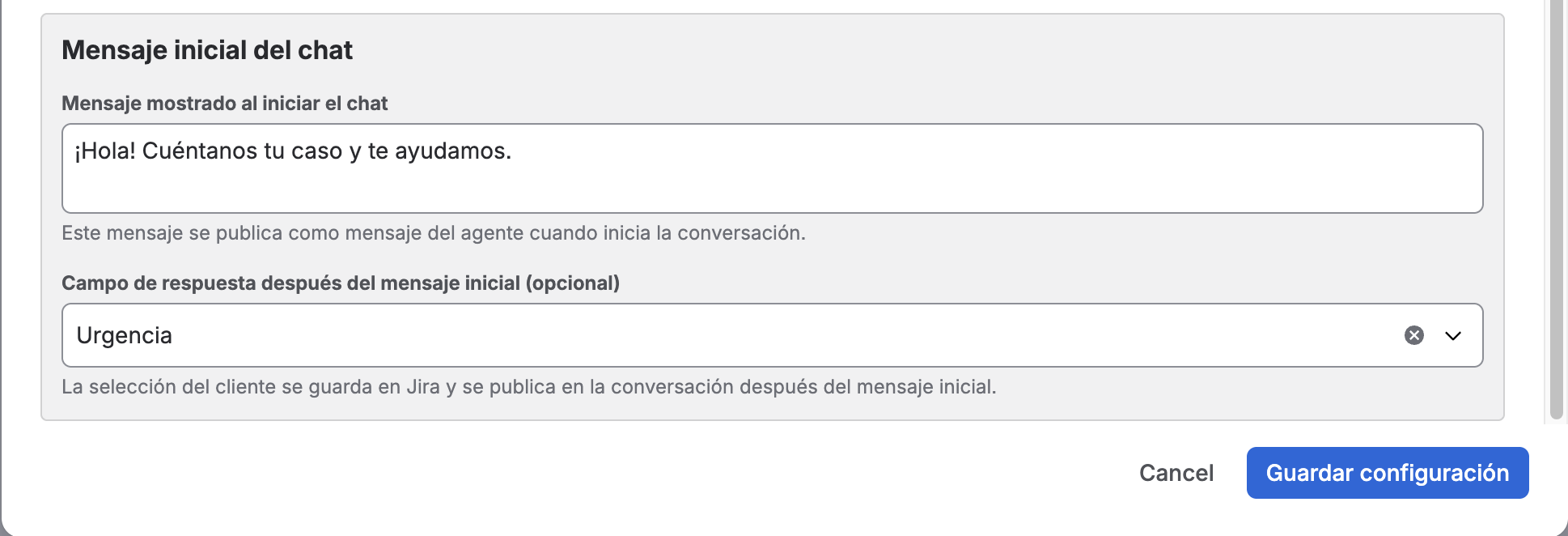 Mensaje inicial del chat y campo de respuesta opcional