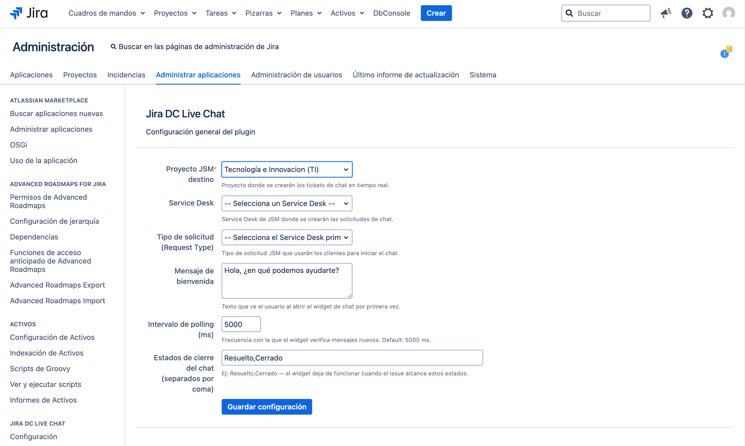 Panel de administración de Jira Live Chat