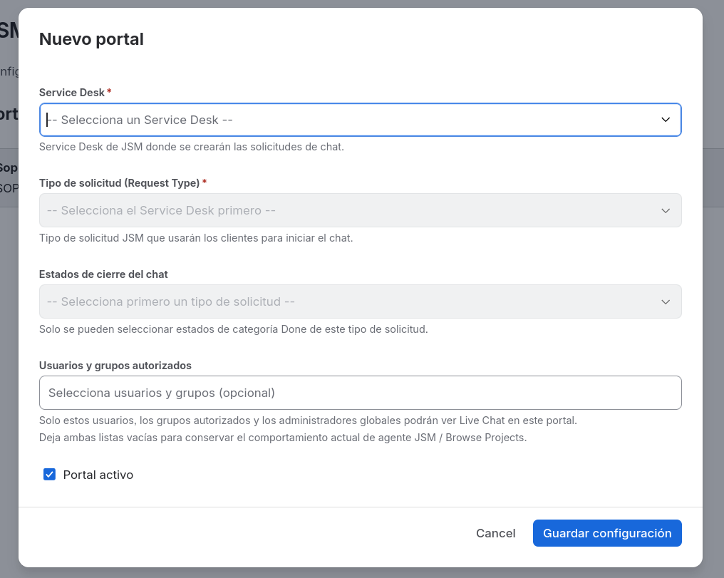 Formulario de configuración de un portal