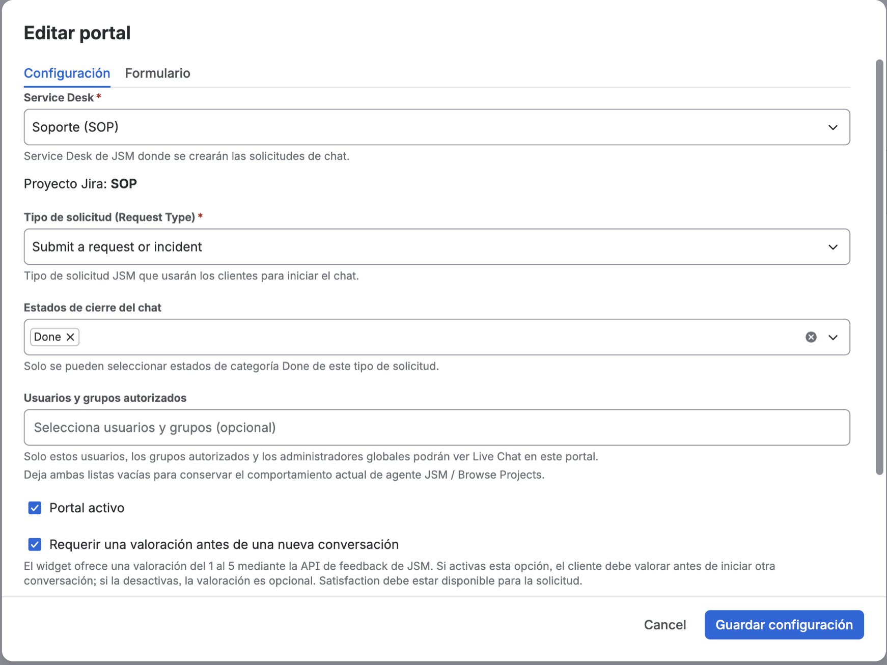 Formulario de configuración de un portal