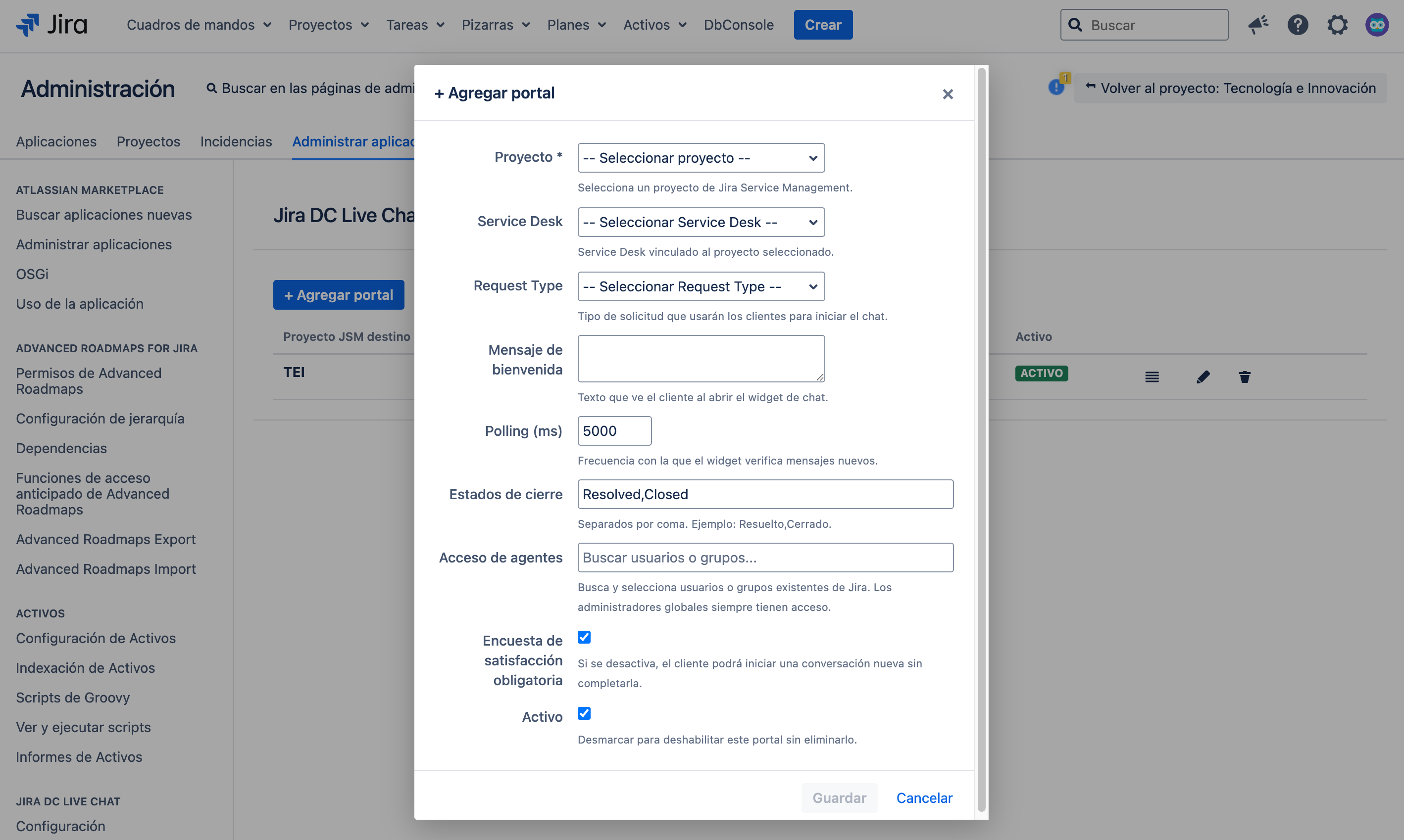 Formulario de configuración de un portal