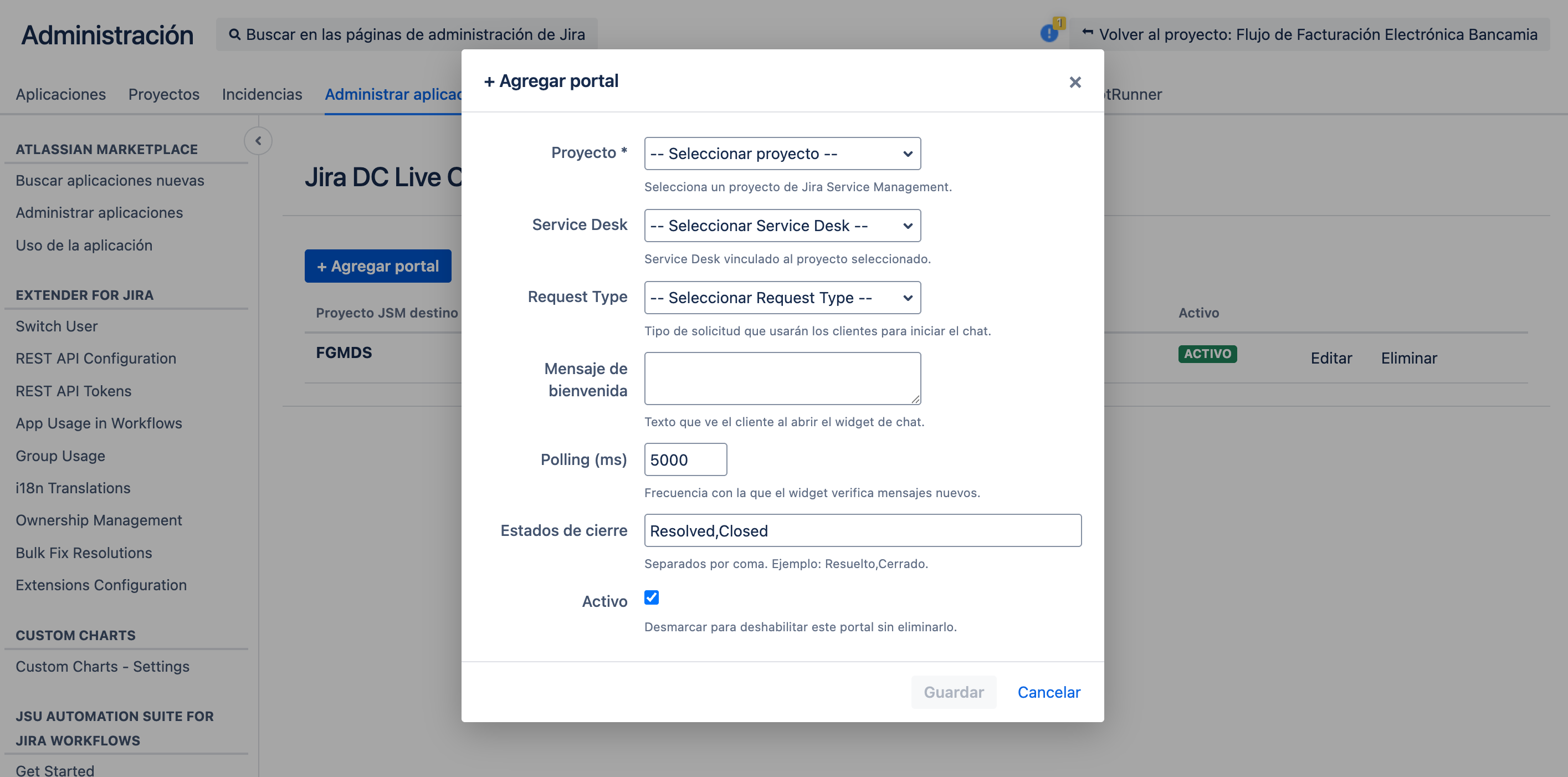 Formulario de configuración de un portal