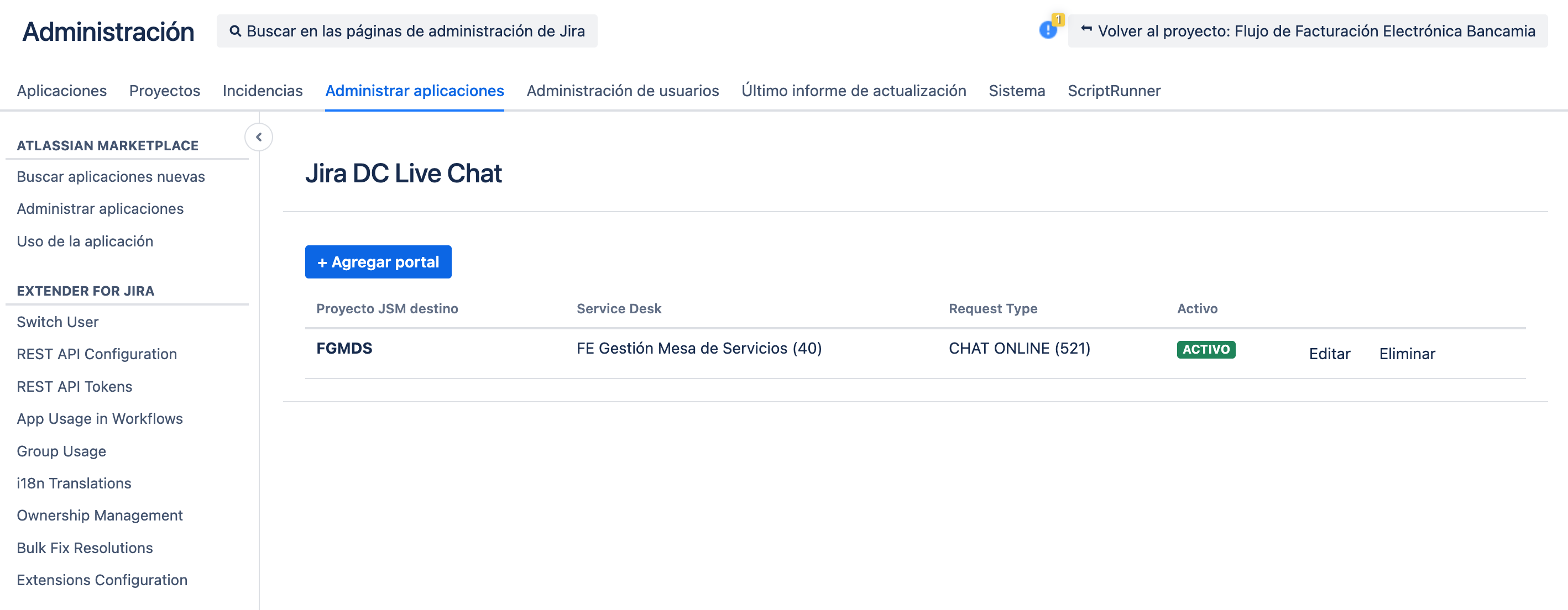 Lista de portales configurados