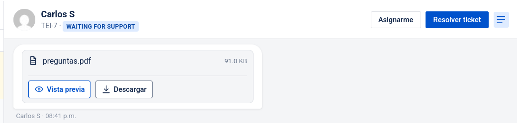 Tarjeta de PDF en la bandeja del agente