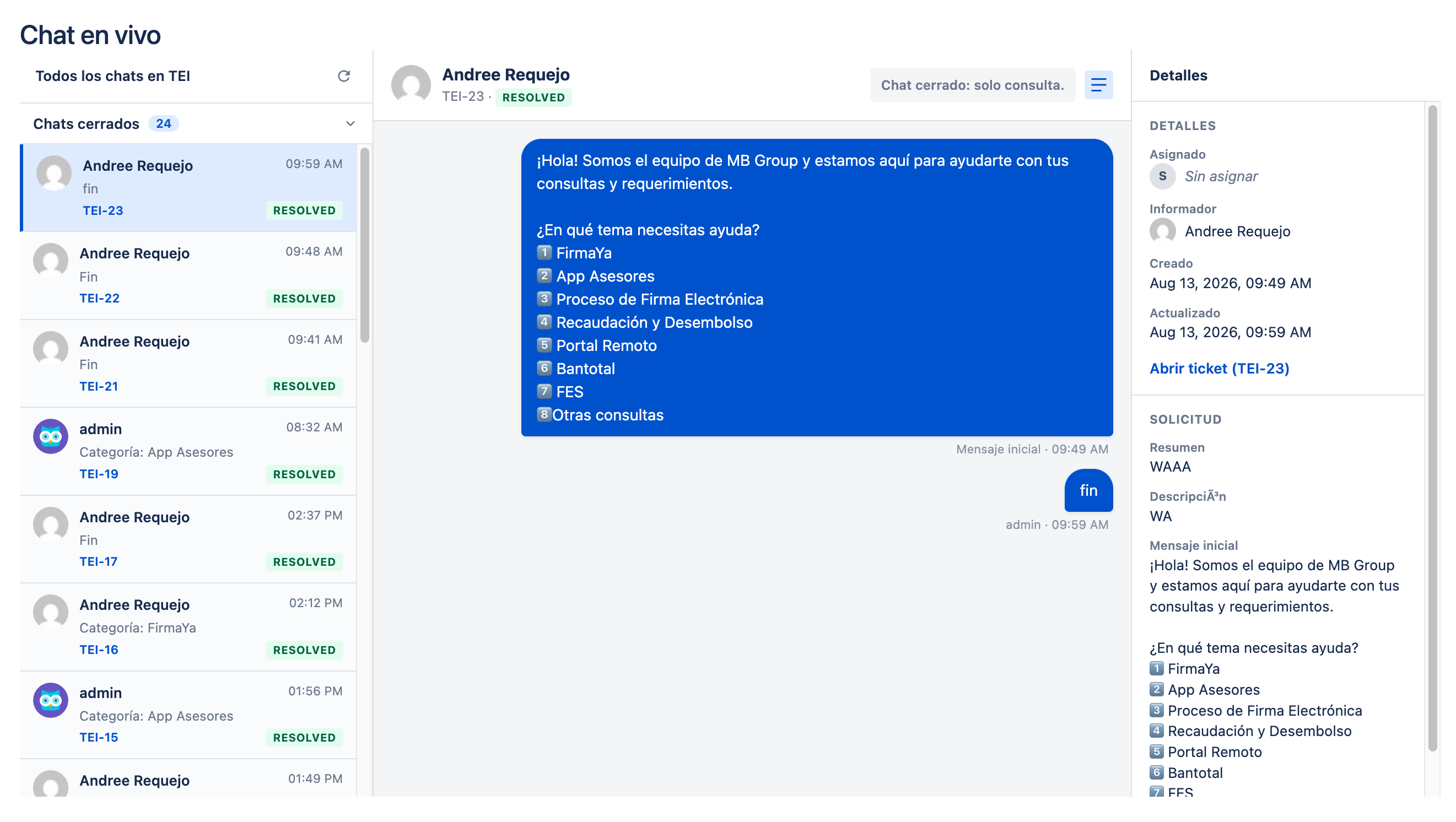 Detalle de una conversación cerrada