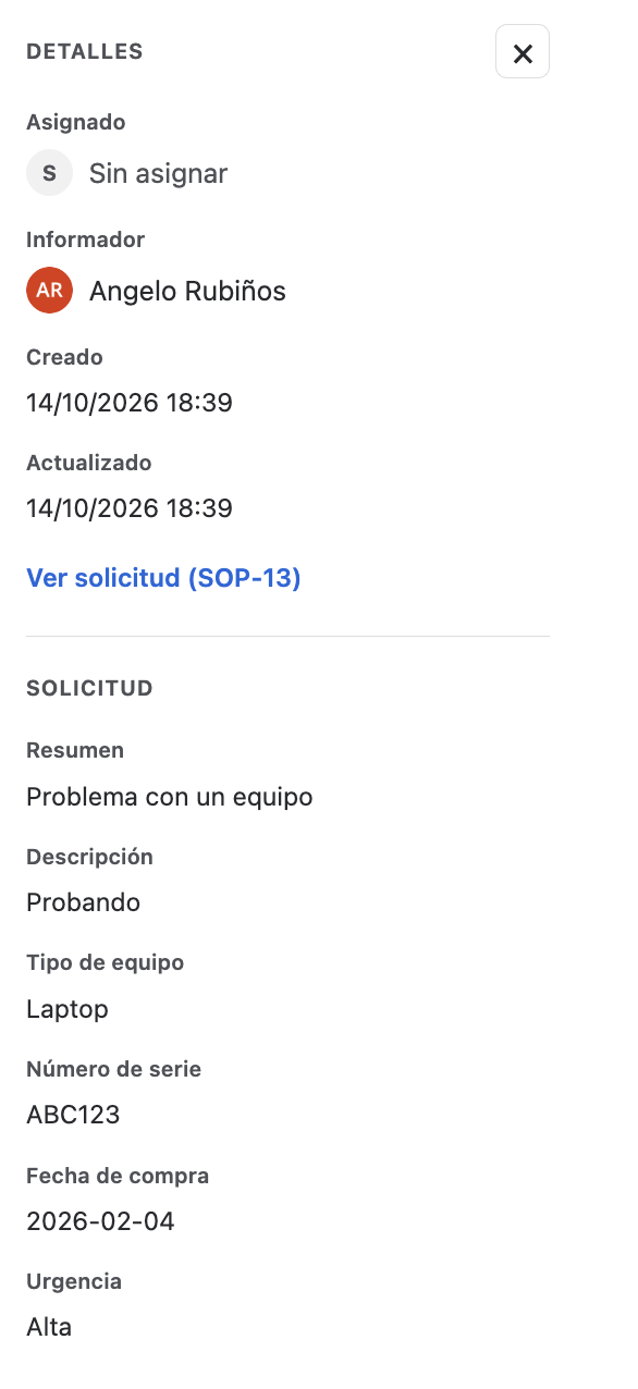 Detalle de la solicitud en la bandeja