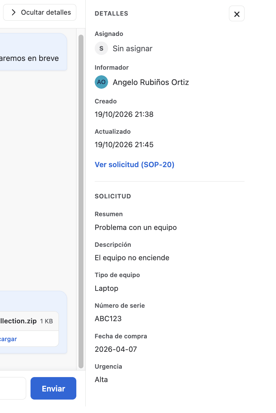 Detalle de la solicitud en la bandeja