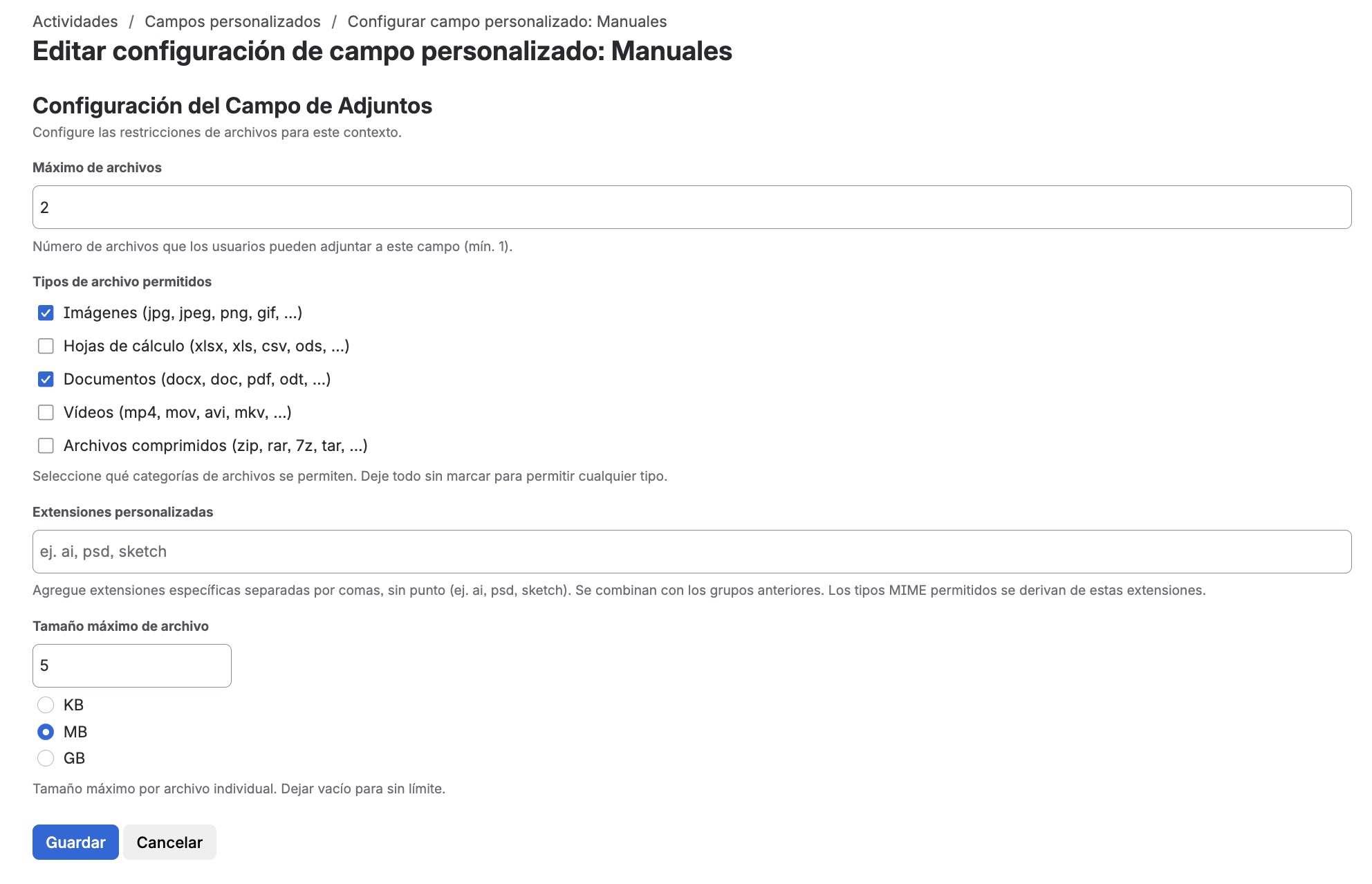 Pantalla de configuración del contexto del Attachment Field mostrando los parámetros de restricción de archivos