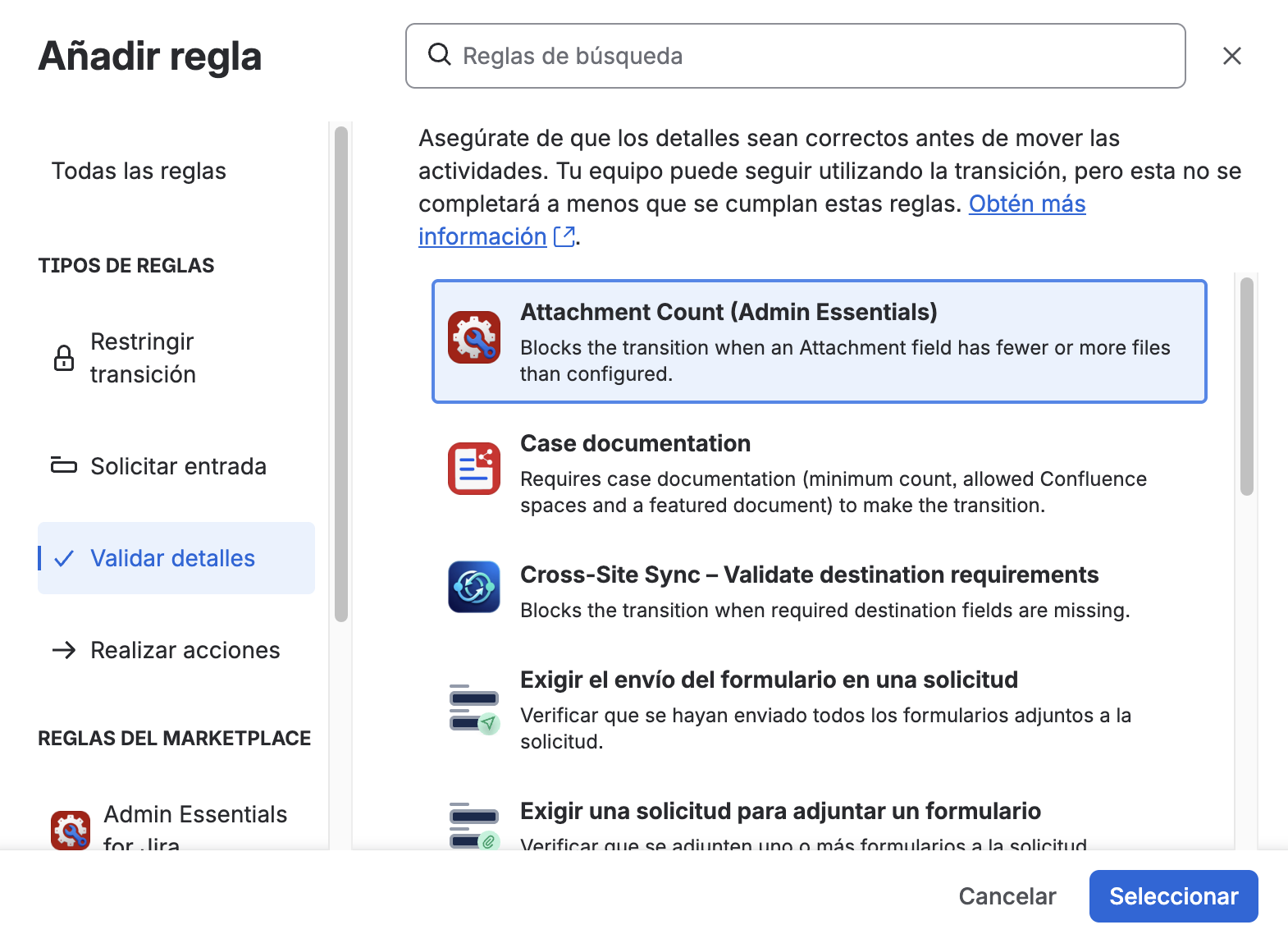 Selección del validador Cantidad de adjuntos en el editor de workflows de Jira Cloud