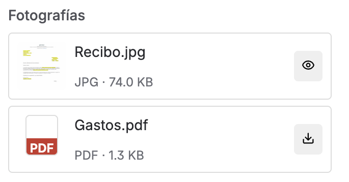 Tarjeta de un archivo de imagen con miniatura e icono de vista previa, junto a una tarjeta de un archivo PDF con icono de tipo e icono de descarga
