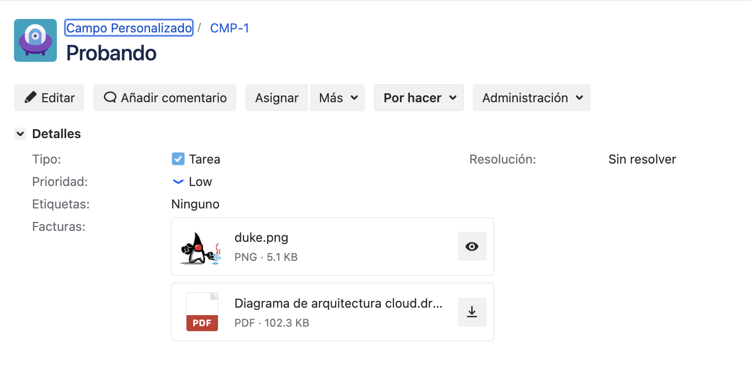 Tarjetas del Campo de Adjuntos en la vista del issue, con miniatura y descarga