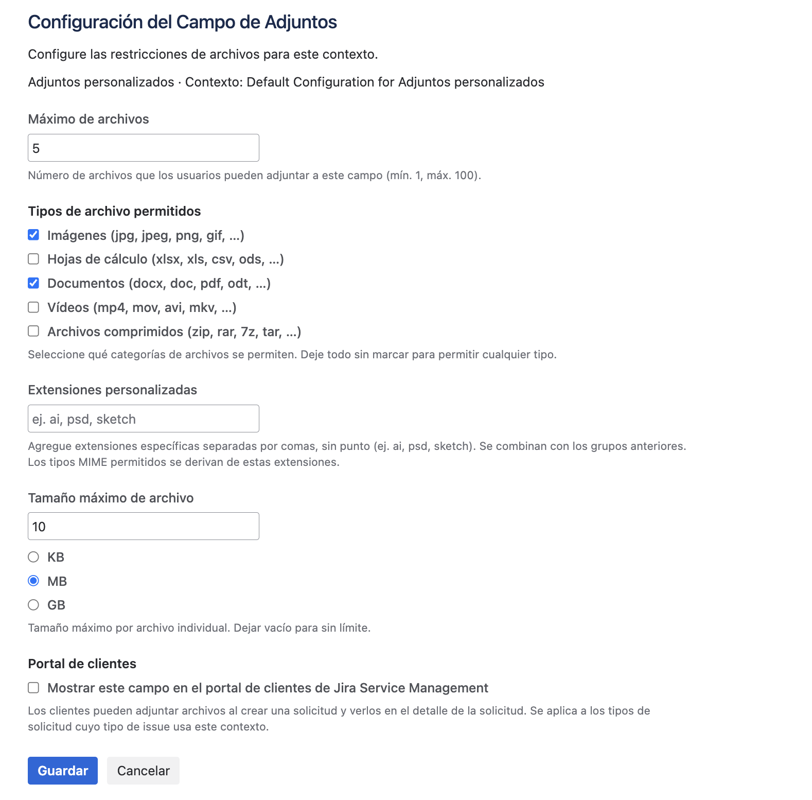 Formulario de configuración del contexto del Campo de Adjuntos con los límites de archivos