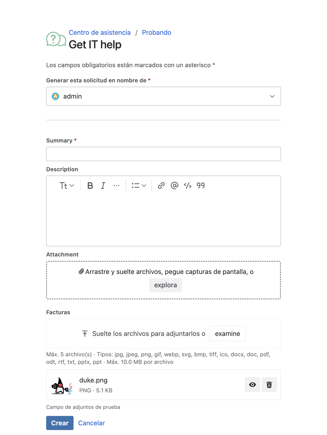 Campo de Adjuntos con tarjetas de archivos en el portal de Jira Service Management