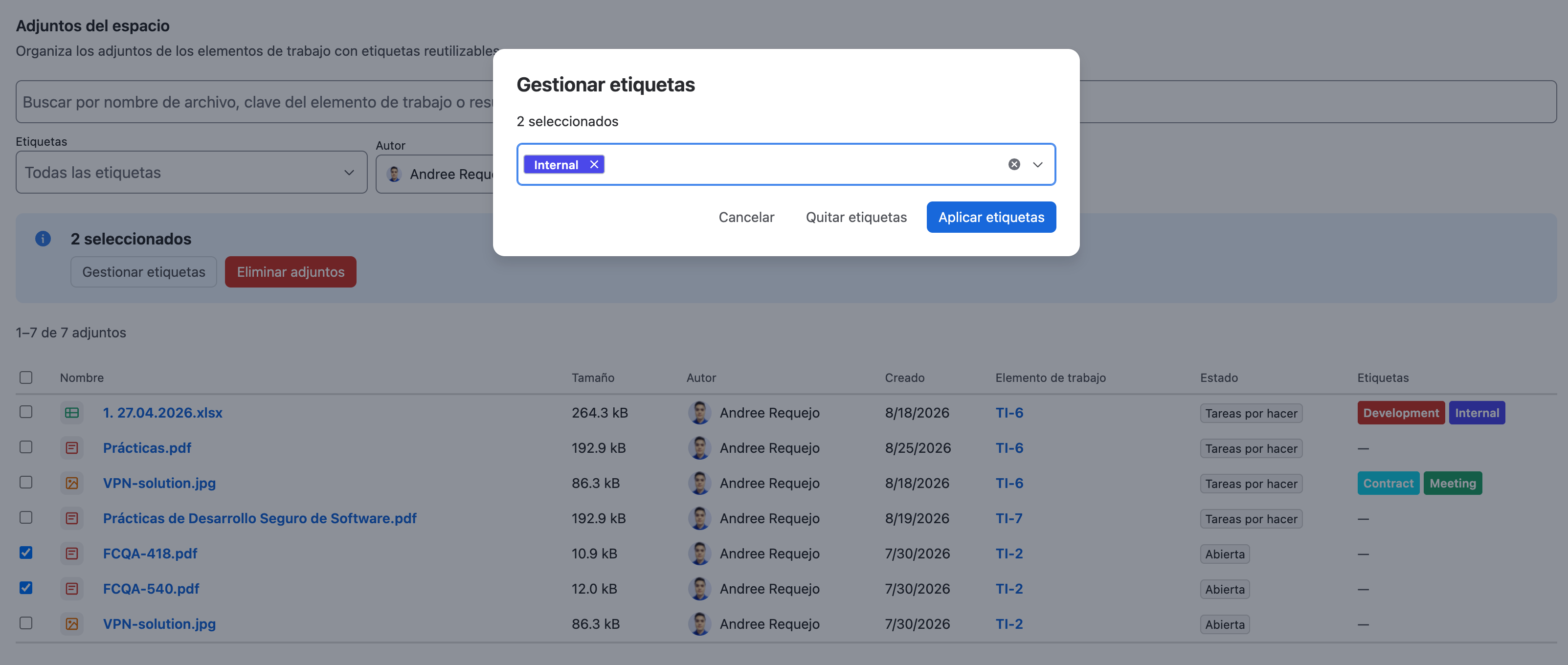 Asignar o quitar etiquetas en masa desde Adjuntos del espacio