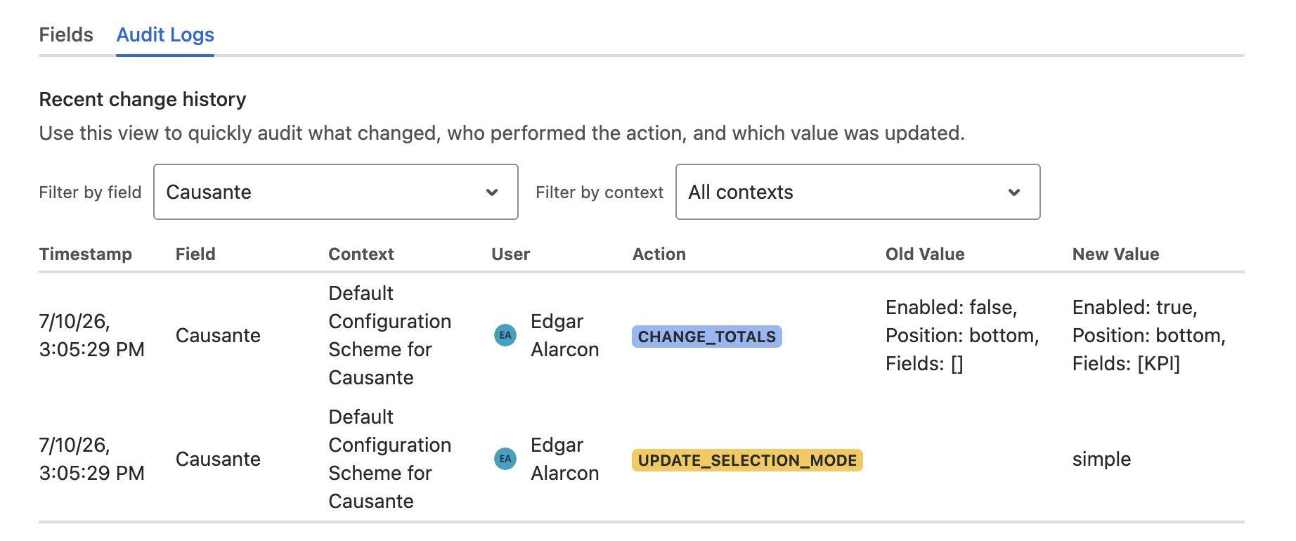 Filtros en cascada Campo → Contexto en el Audit Trail