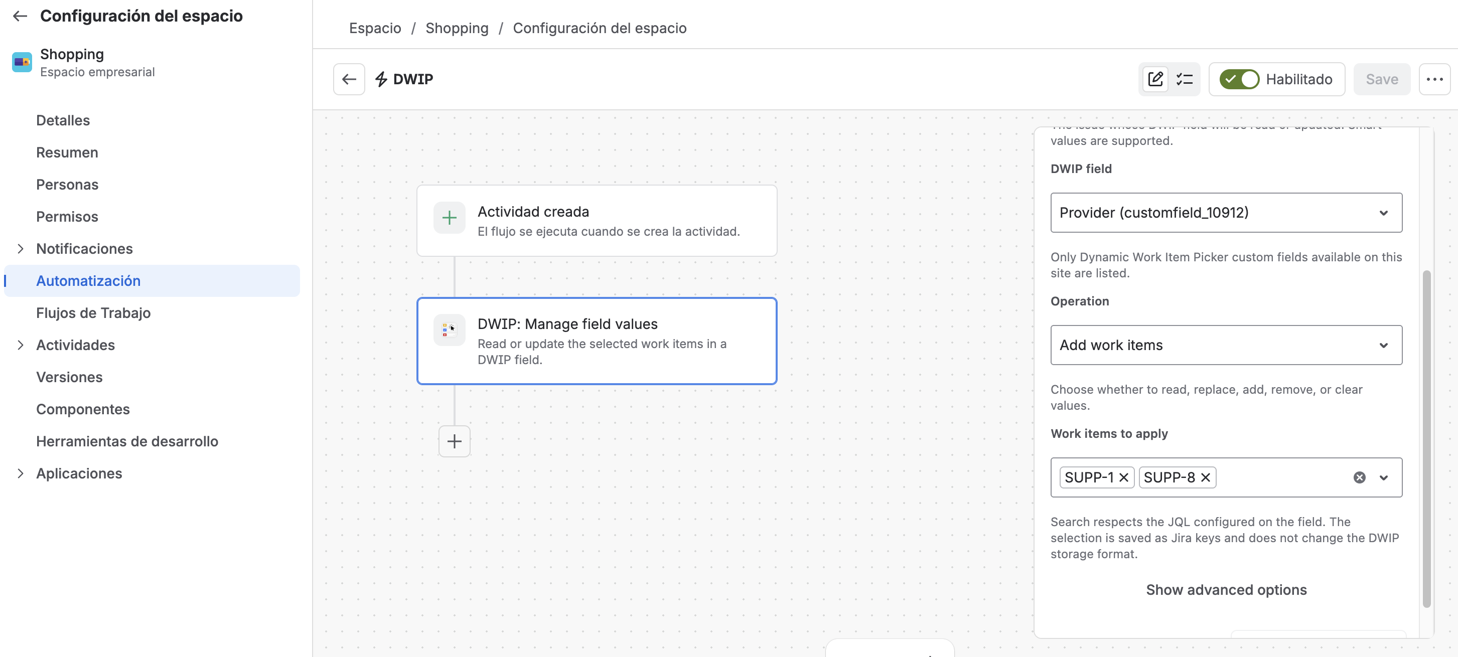 Acción DWIP en una regla de Jira Automation