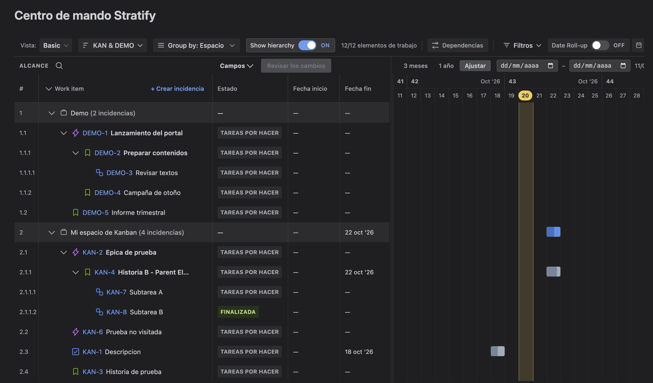 Command Center de Stratify con el tema oscuro de Jira