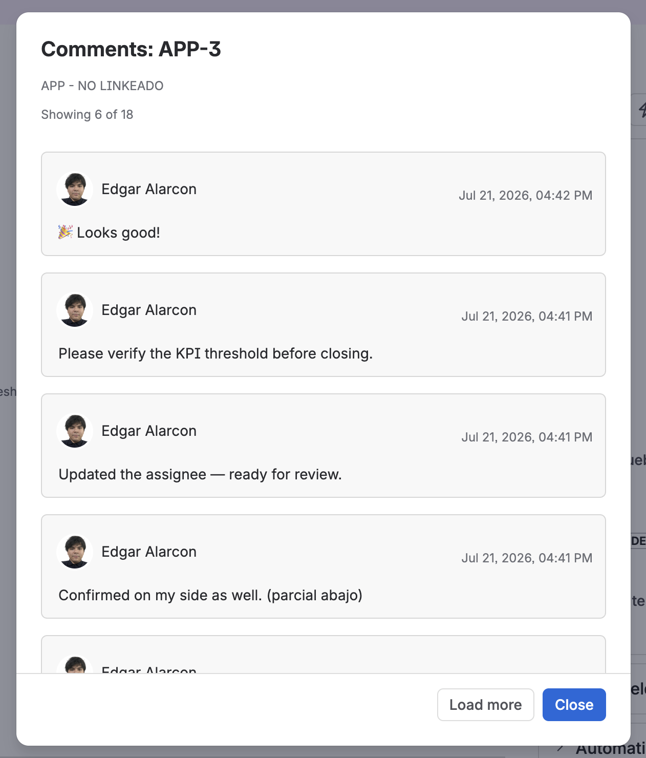 Modal de comentarios con paginación