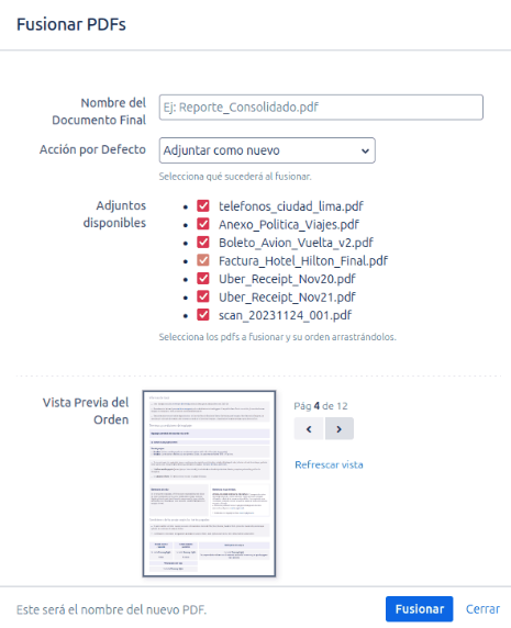 Modal de fusión con adjuntos