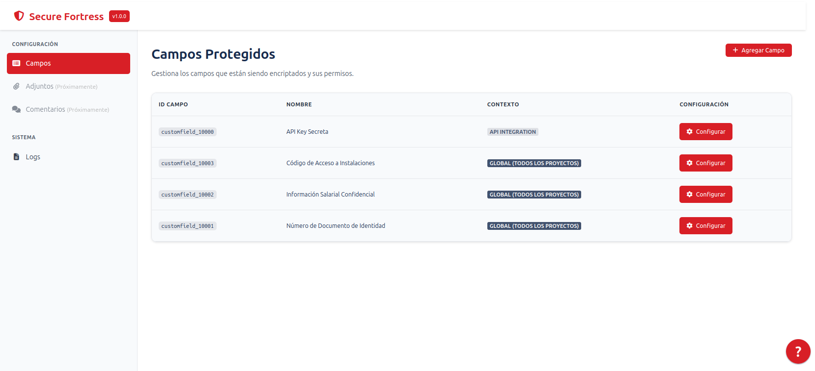 Vista de creación de campos completa