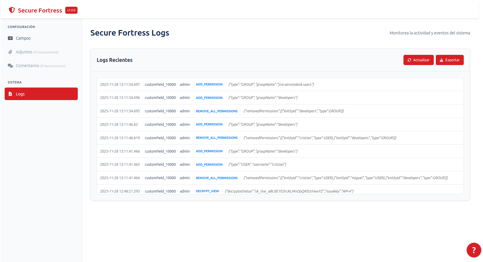 vista de configuración de campo completo