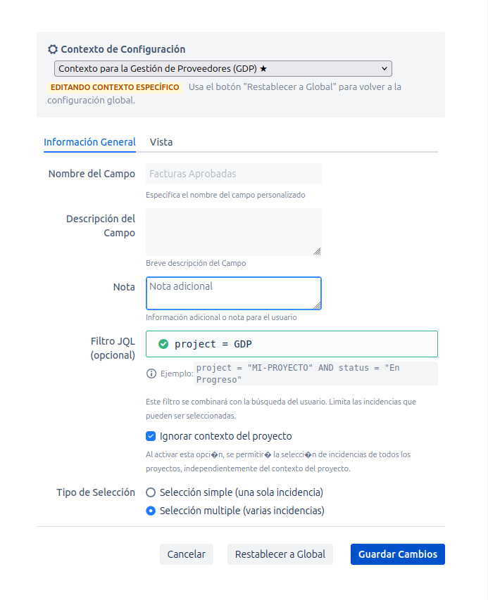 Configuración de Contextos guardada