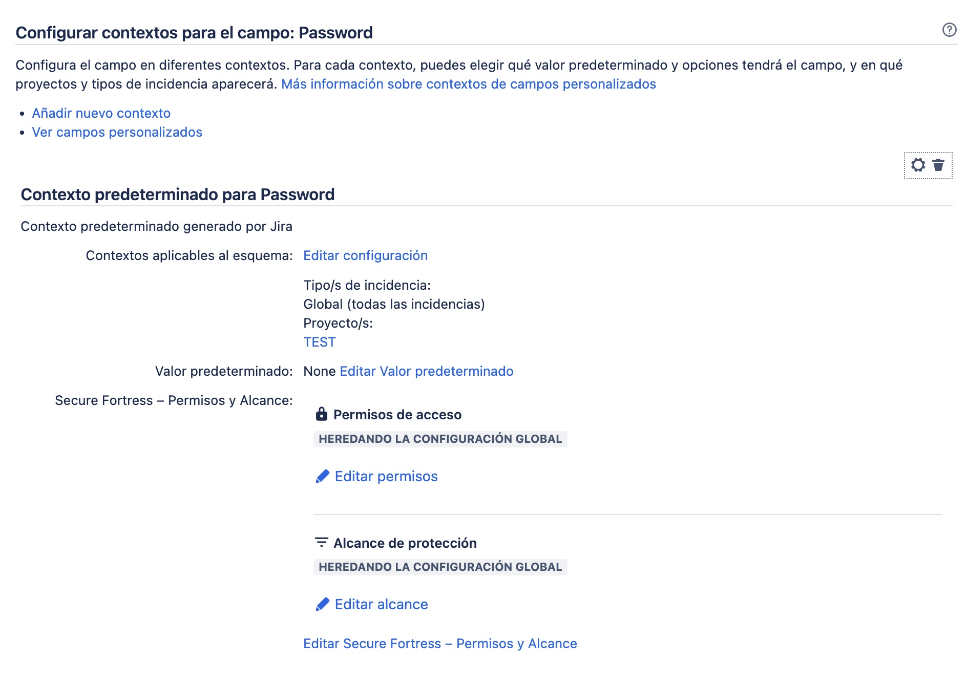 Panel de contexto mostrando el indicador de herencia de la configuración global