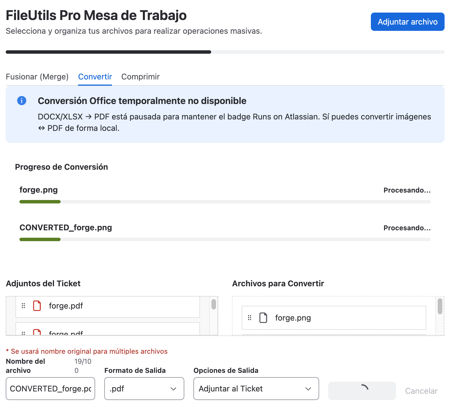 Proceso de conversión en progreso