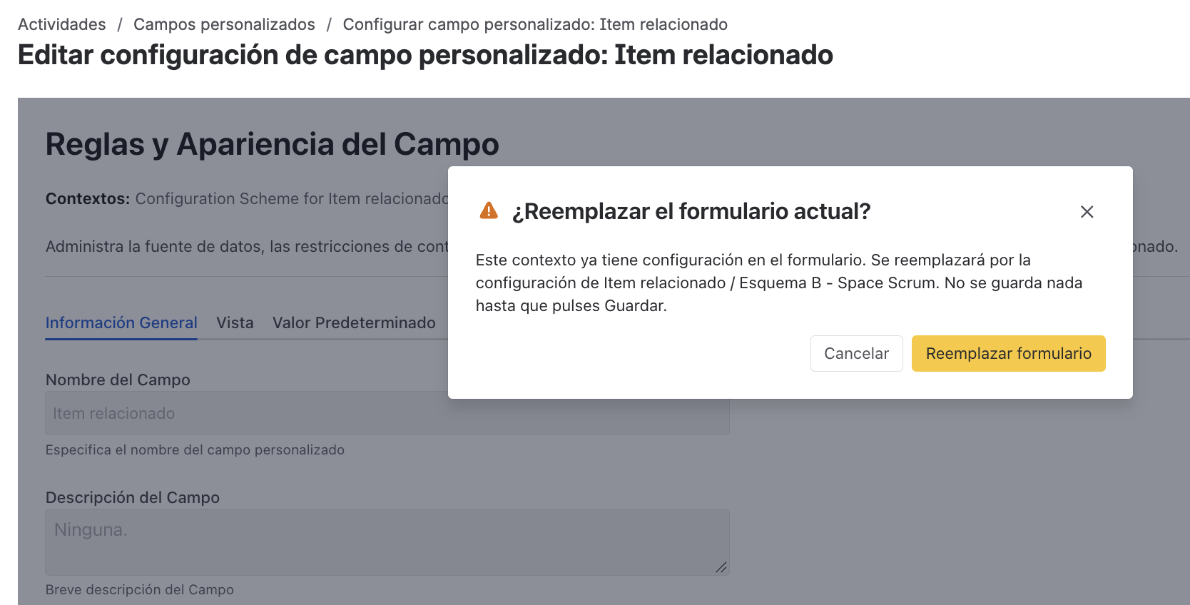 Confirmación antes de reemplazar el formulario actual