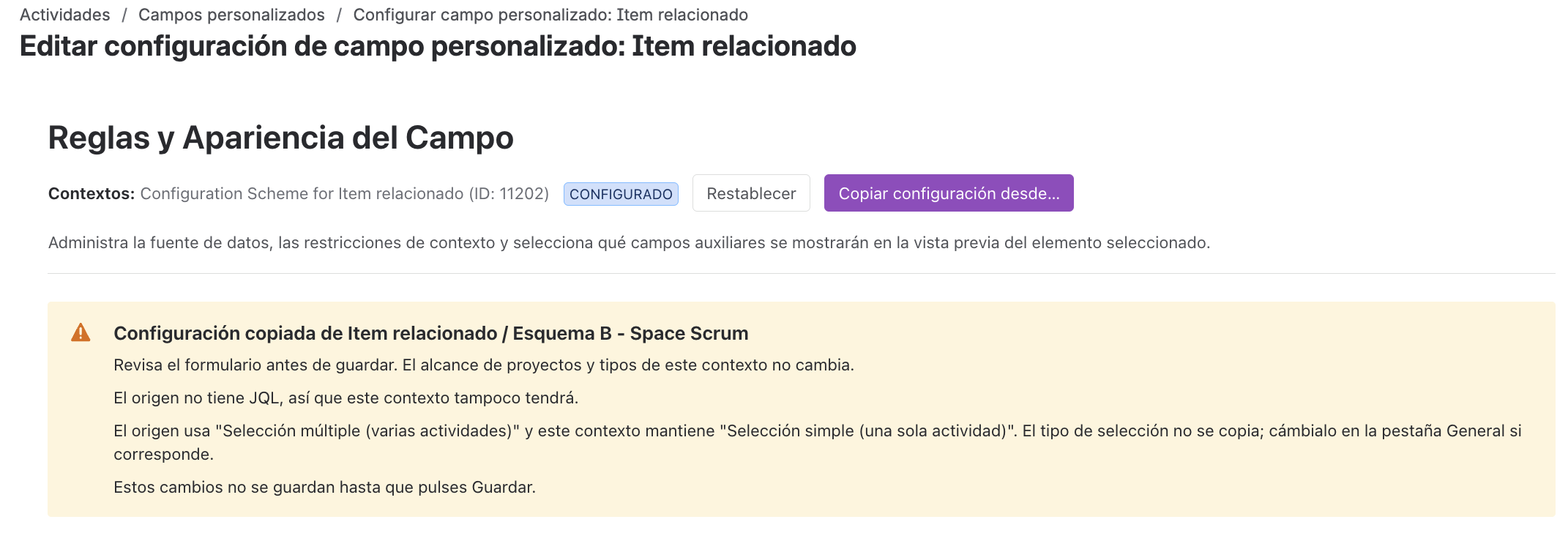 Aviso de revisión tras copiar la configuración