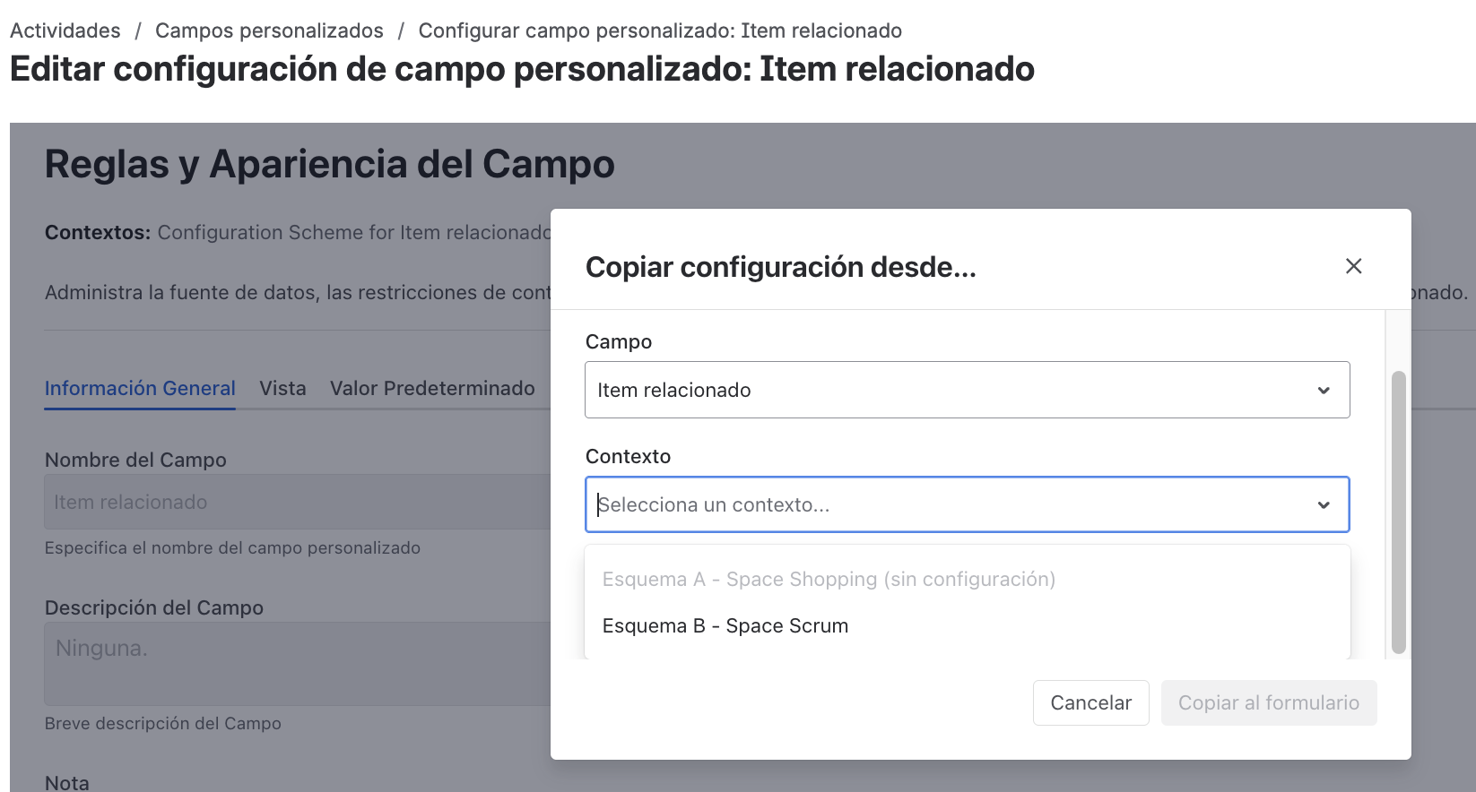 Copiar configuración desde otro contexto del mismo campo