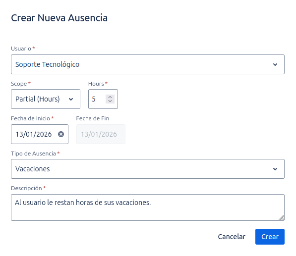 Modal de Creación de Ausencia