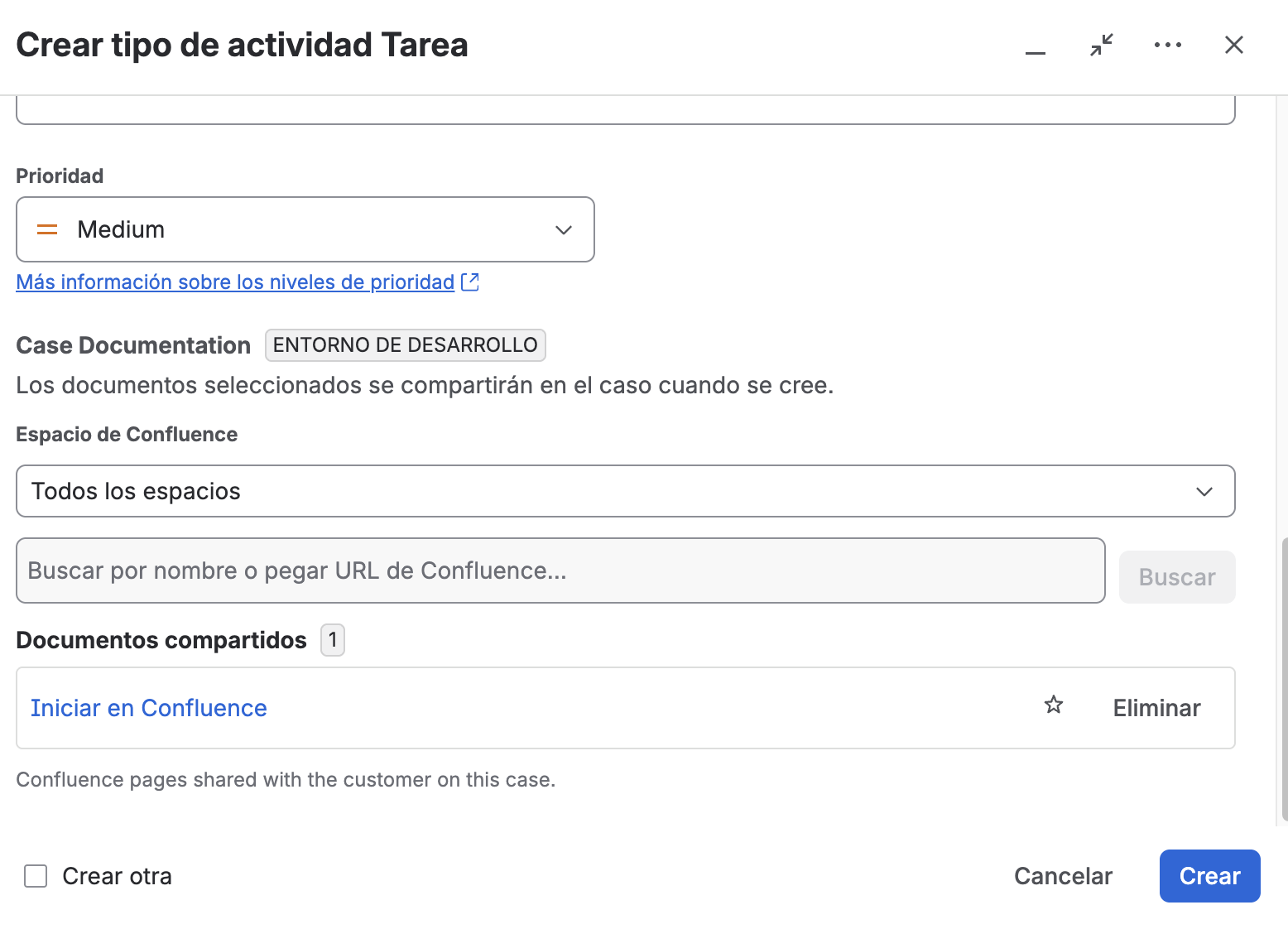 Campo Case Documentation en el diálogo de creación
