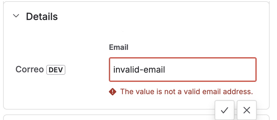 Edición inline del campo Email con mensaje de validación