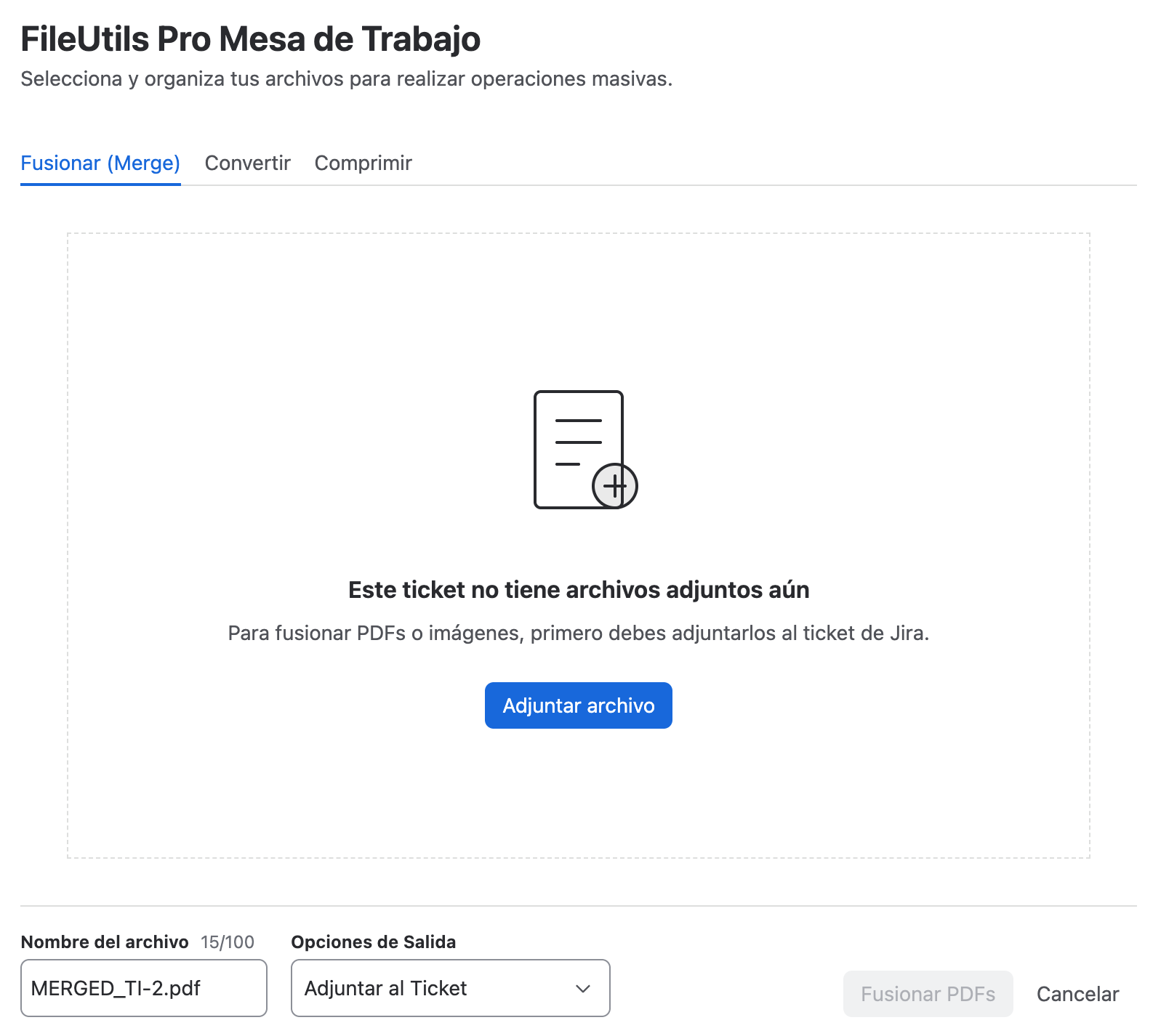 Mesa de trabajo en estado vacío - Fusionar
