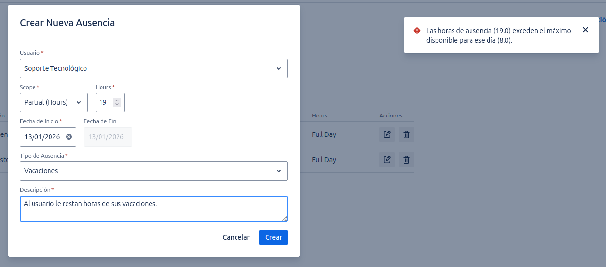 Modal de Creación de Ausencia y mensaje error