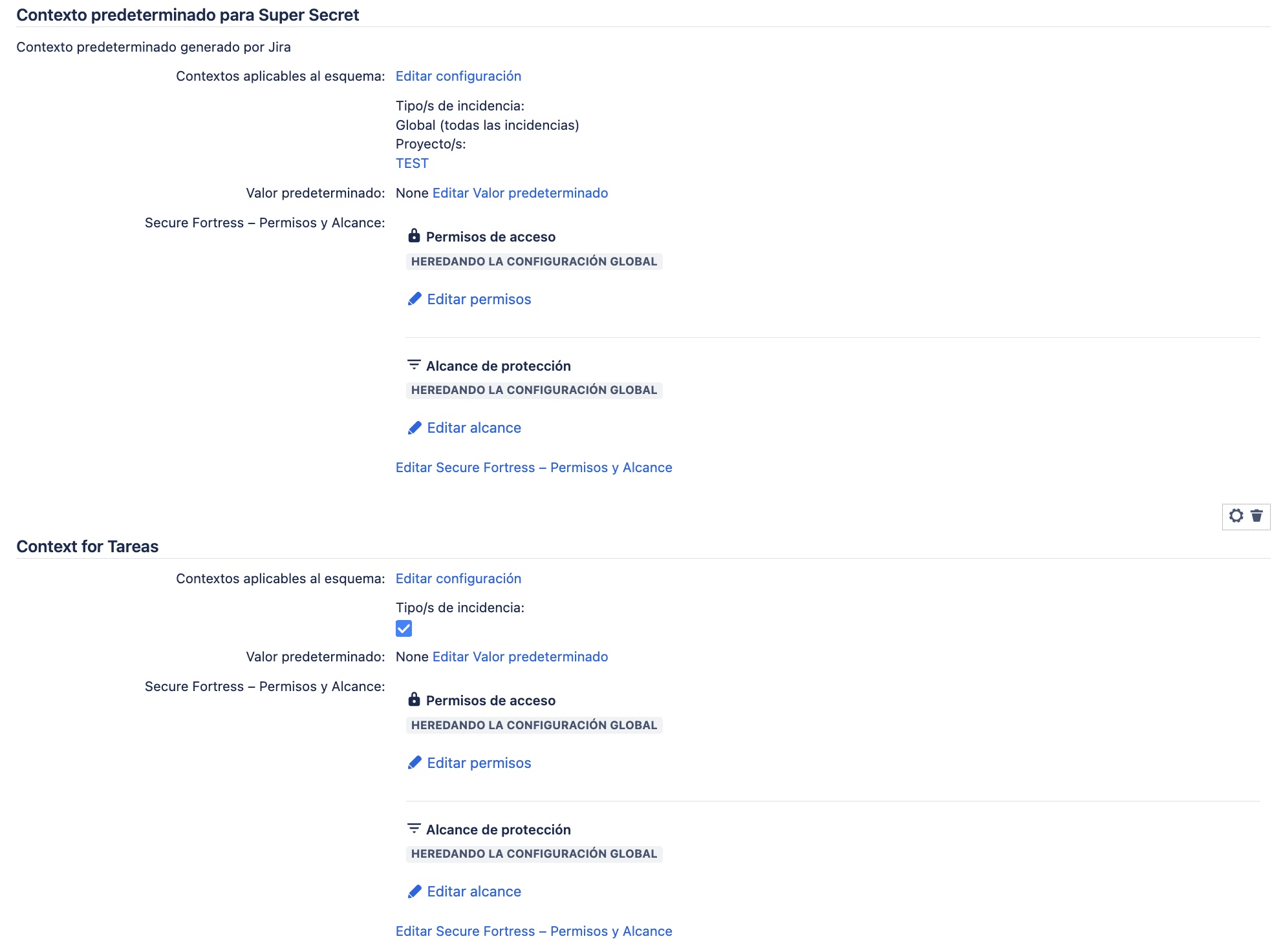 Pantalla de configuración nativa mostrando los contextos del campo con el panel Secure Fortress en cada uno