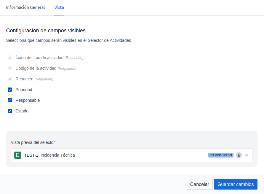 Pestaña de configuración de Vista