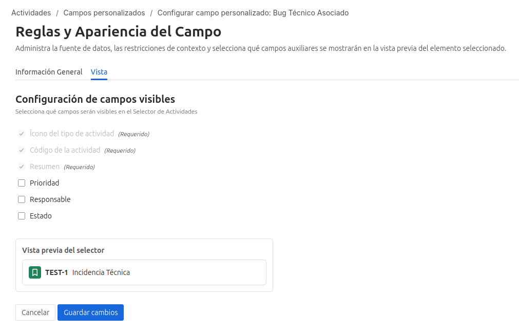 Pestaña de configuración de Vista