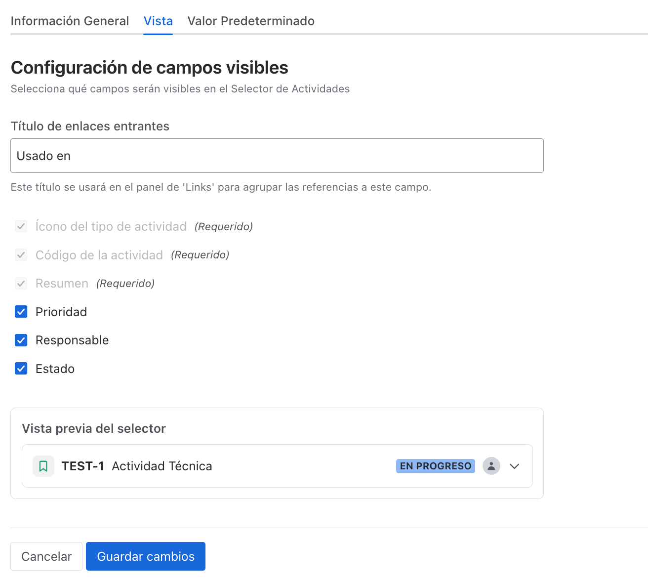Pestaña de configuración Vista