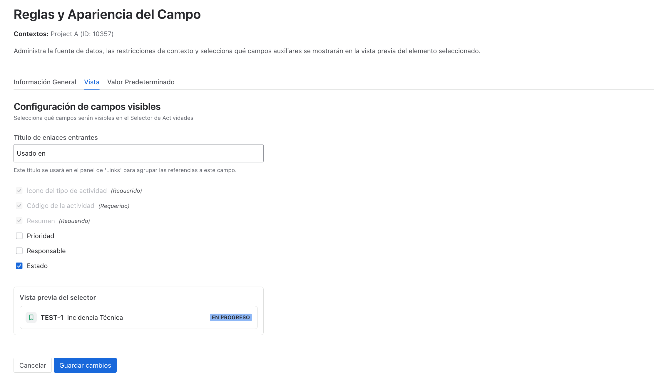 Pestaña de configuración Vista