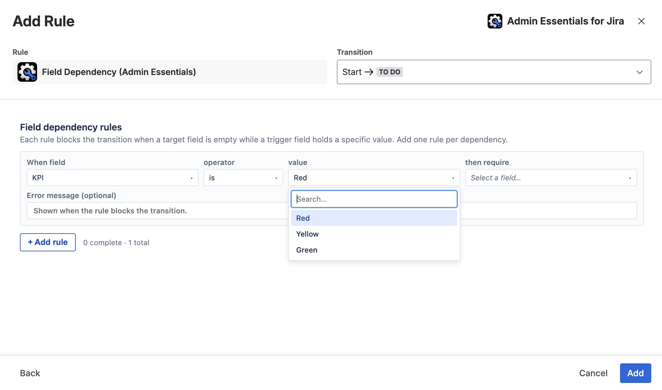 Selector de color en el RuleBuilder mostrando las opciones Red, Yellow y Green