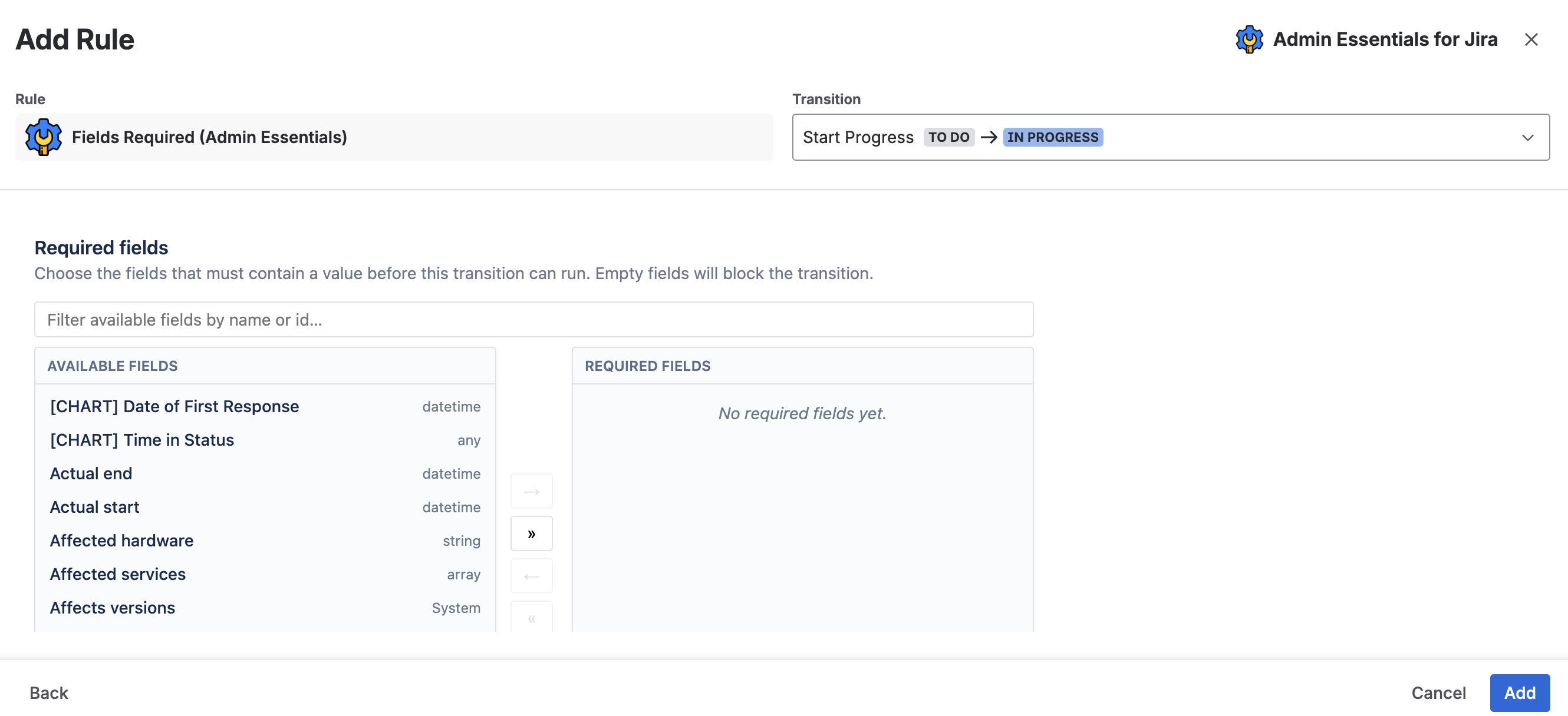Lista dual de campos en la configuración del validador Fields Required