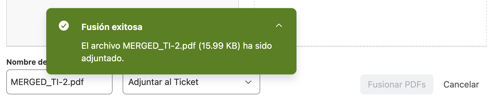 Notificación de fusión exitosa
