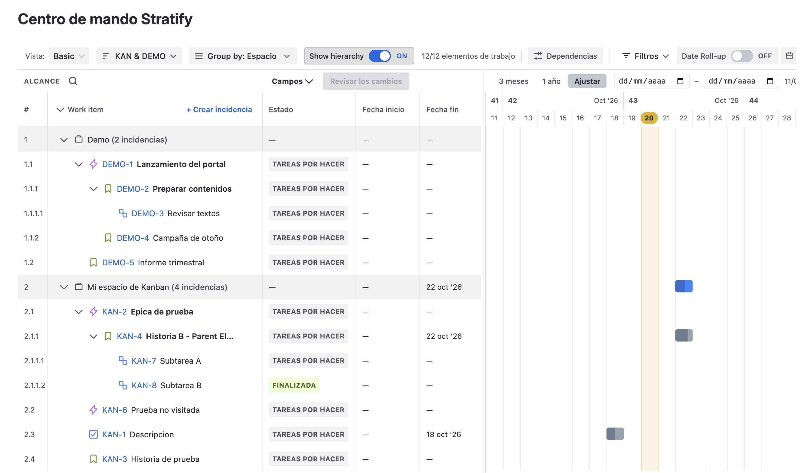 Gantt agrupado por Espacio con los grupos Demo y Mi espacio de Kanban