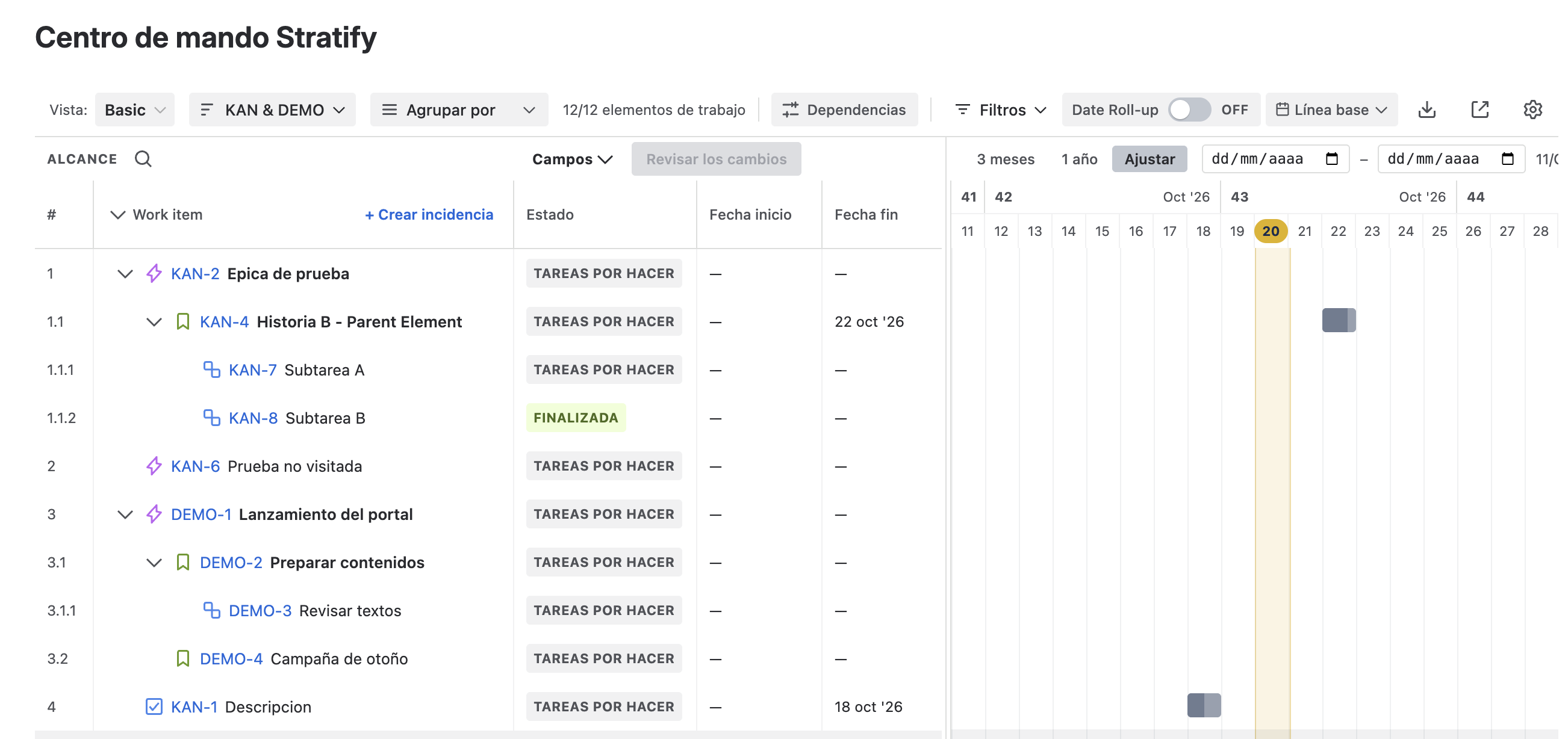 Gantt con una sub-tarea anidada bajo su Parent
