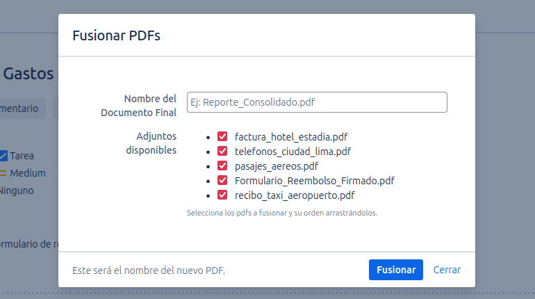 Modal de fusión con adjuntos