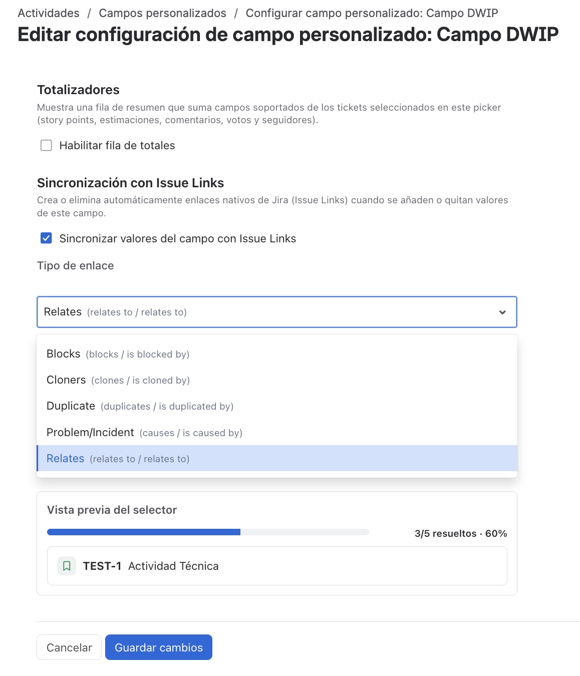 Toggle de sincronización con Issue Links en la pestaña Vista
